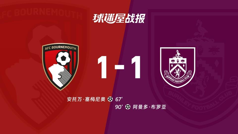 【英超联赛第17轮】伯恩茅斯vs伯恩利比赛结果:伯恩茅斯(1-1)伯恩利比分战报(2025年12月20日)