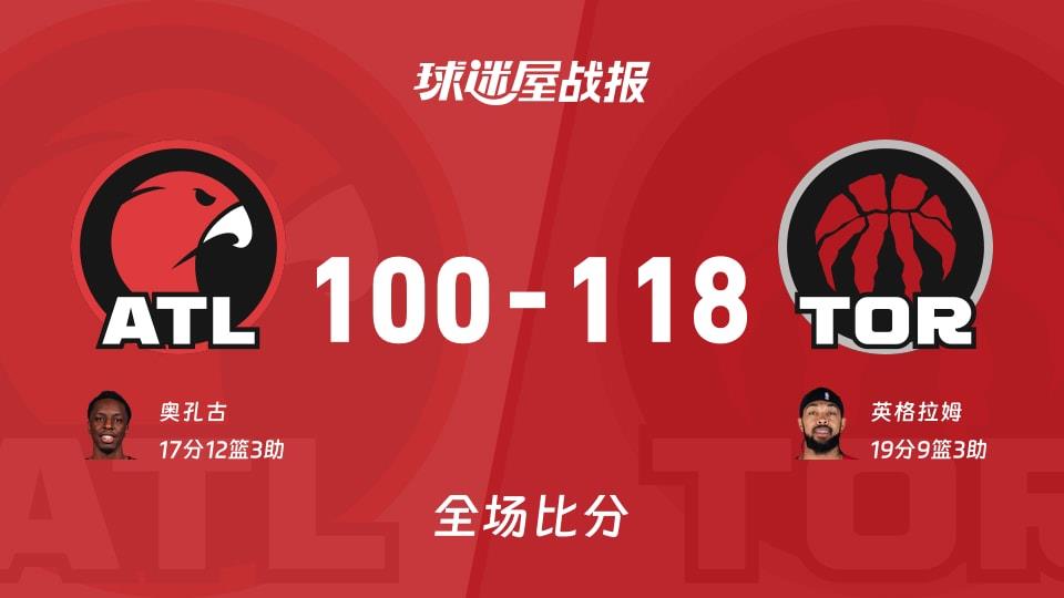 NBA老鹰vs猛龙战报:100-118,英格拉姆19 9 3