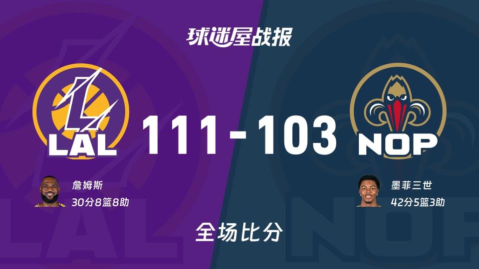 NBA湖人vs鹈鹕战报:111-103,詹姆斯30 8 8