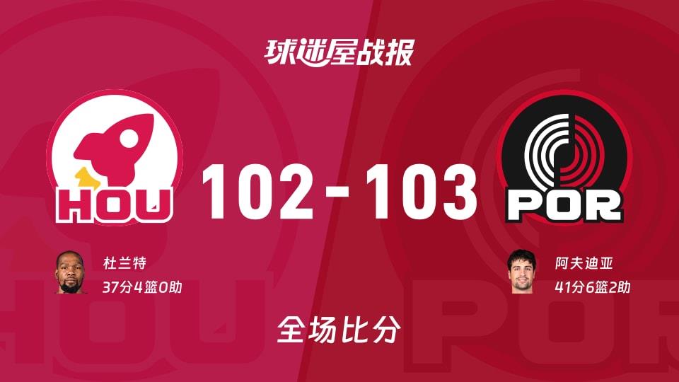 NBA常规赛:开拓者以103-102战胜火箭,阿夫迪亚41 6 2