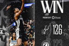 NBA常规赛，马刺主场126-123险胜森林狼，文班贡献39分9篮板，爱德华兹空砍55分
