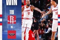NBA常规赛火箭主场119-110胜鹈鹕，史密斯32分8篮板杜兰特迎里程碑时刻