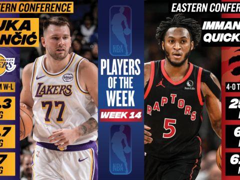 NBA官方公布周最佳，东契奇当选，奎克利首次获此殊荣，杜兰特与哈登获得提名