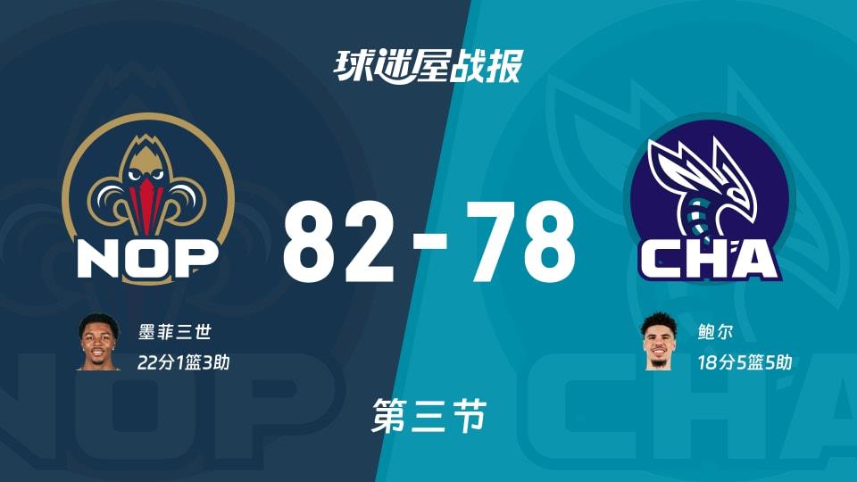 鹈鹕vs黄蜂:第三节完,鹈鹕82-78黄蜂,墨菲三世得到22分