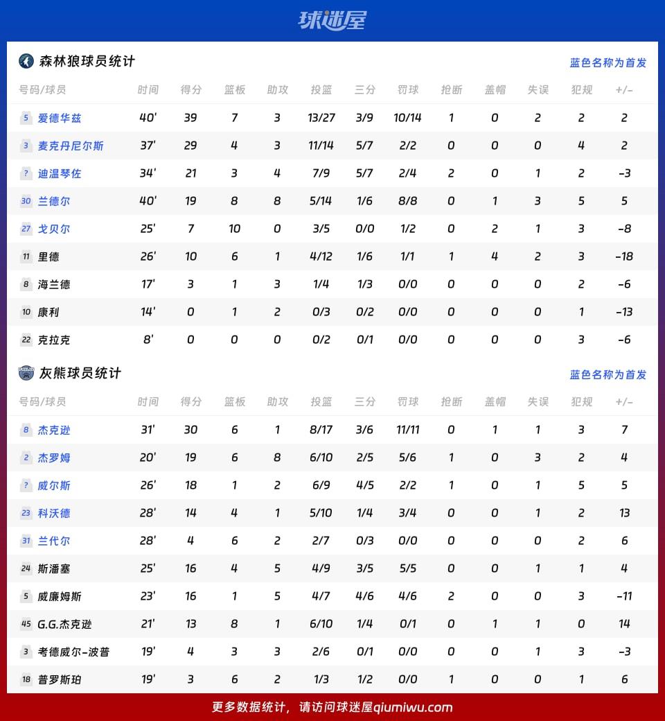 森林狼vs灰熊球员数据