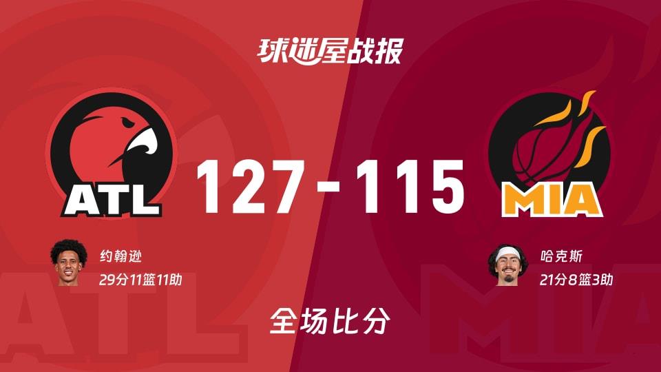 NBA老鹰vs热火战报:127-115,约翰逊29 11 11