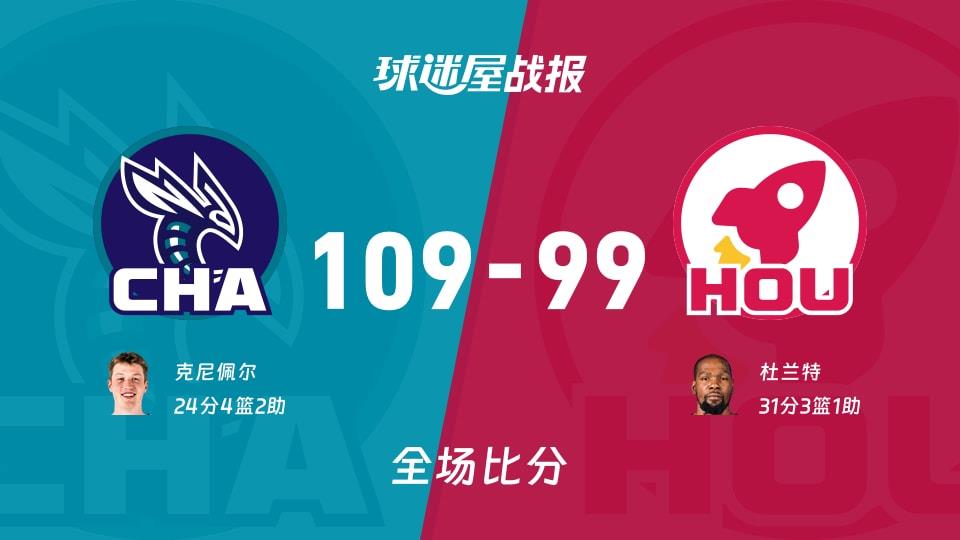 NBA常规赛:克尼佩尔24 4 2,黄蜂以109-99战胜火箭