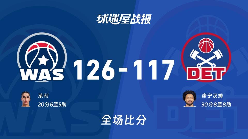 NBA奇才vs活塞战报:126-117,莱利20 6 5
