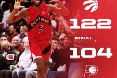 NBA常规赛猛龙主场122-104大胜步行者，巴恩斯25分14篮板巴雷特20分8助攻