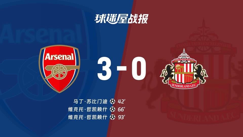 【英超联赛第25轮】阿森纳vs桑德兰比赛结果:阿森纳(3-0)桑德兰比分战报(2026年02月07日)