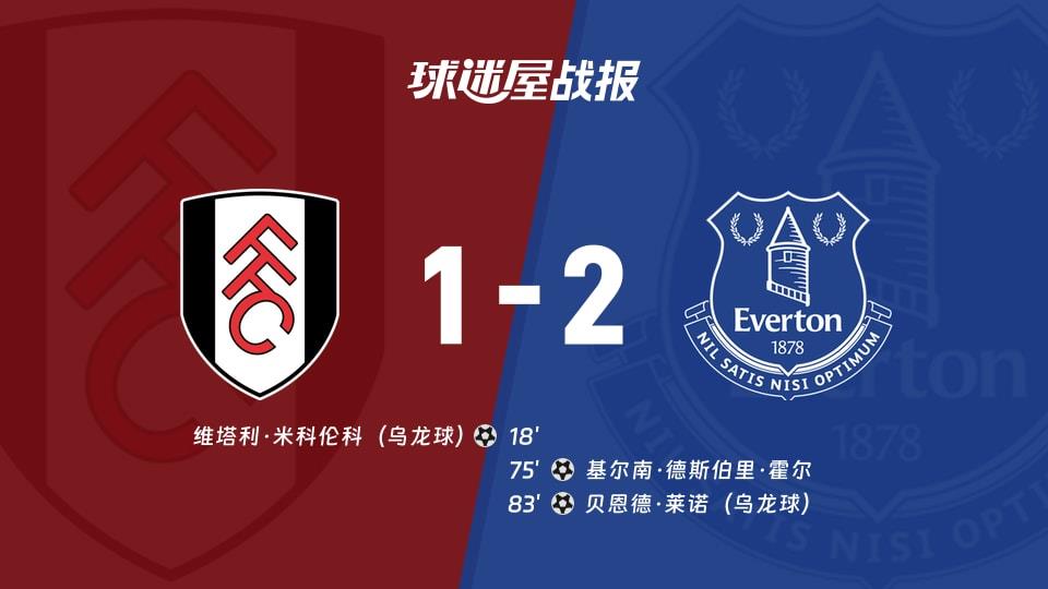 【英超联赛第25轮】富勒姆vs埃弗顿比赛结果:富勒姆(1-2)埃弗顿比分战报(2026年02月07日)