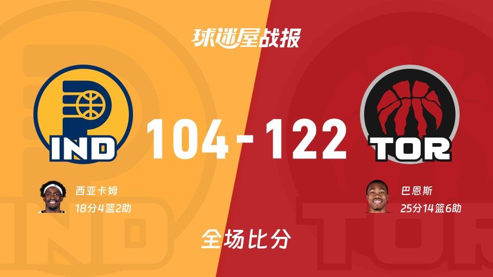 NBA步行者vs猛龙战报:104-122,巴恩斯25 14 6