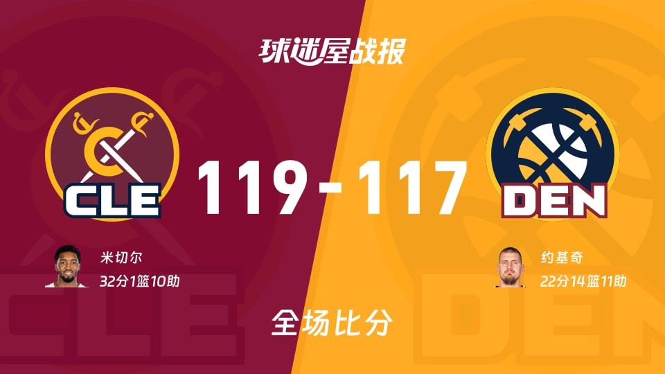 NBA常规赛:骑士以119-117战胜掘金,米切尔32 1 10