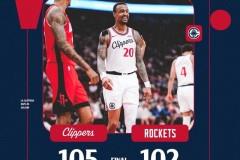 NBA常规赛，快船客场105-102险胜火箭，伦纳德27 12杜兰特空砍21分