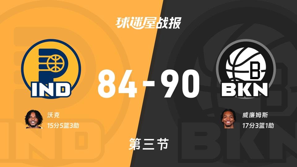 步行者vs篮网:三节结束,步行者84-90篮网,威廉姆斯得到17分