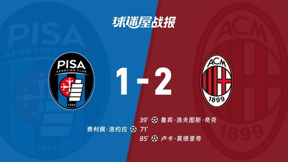 【意甲联赛第25轮】比萨vsAC米兰比赛结果:比萨(1-2)AC米兰比分战报(2026年02月14日)