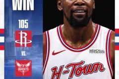 NBA常规赛火箭客场105-101击败黄蜂，杜兰特35分8篮板，申京13分7篮板