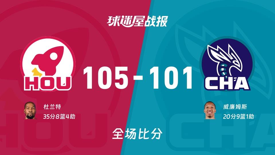 NBA常规赛：火箭以105-101战胜黄蜂，杜兰特35 8 4