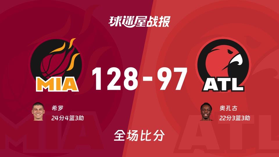NBA热火vs老鹰战报:128-97,希罗24 4 3