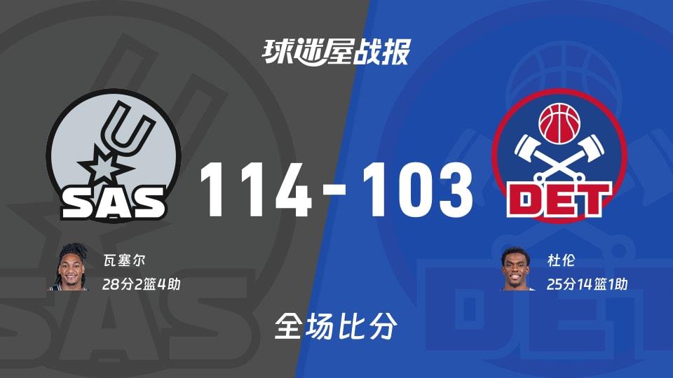NBA马刺vs活塞战报:114-103,瓦塞尔28 2 4