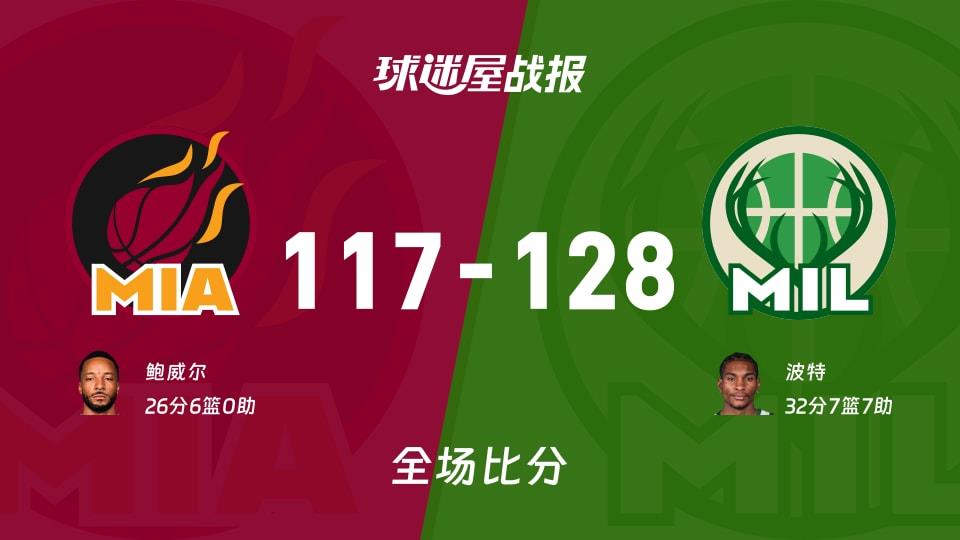 NBA热火vs雄鹿战报:117-128,波特32 7 7