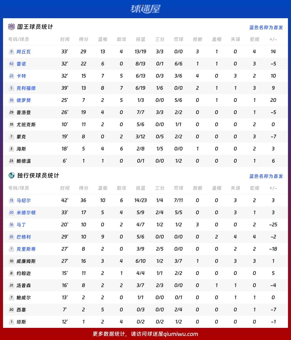 国王vs独行侠球员数据
