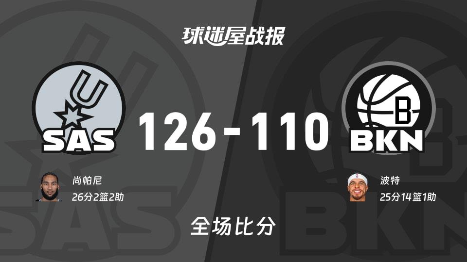 NBA常规赛:马刺以126-110战胜篮网,尚帕尼26 2 2