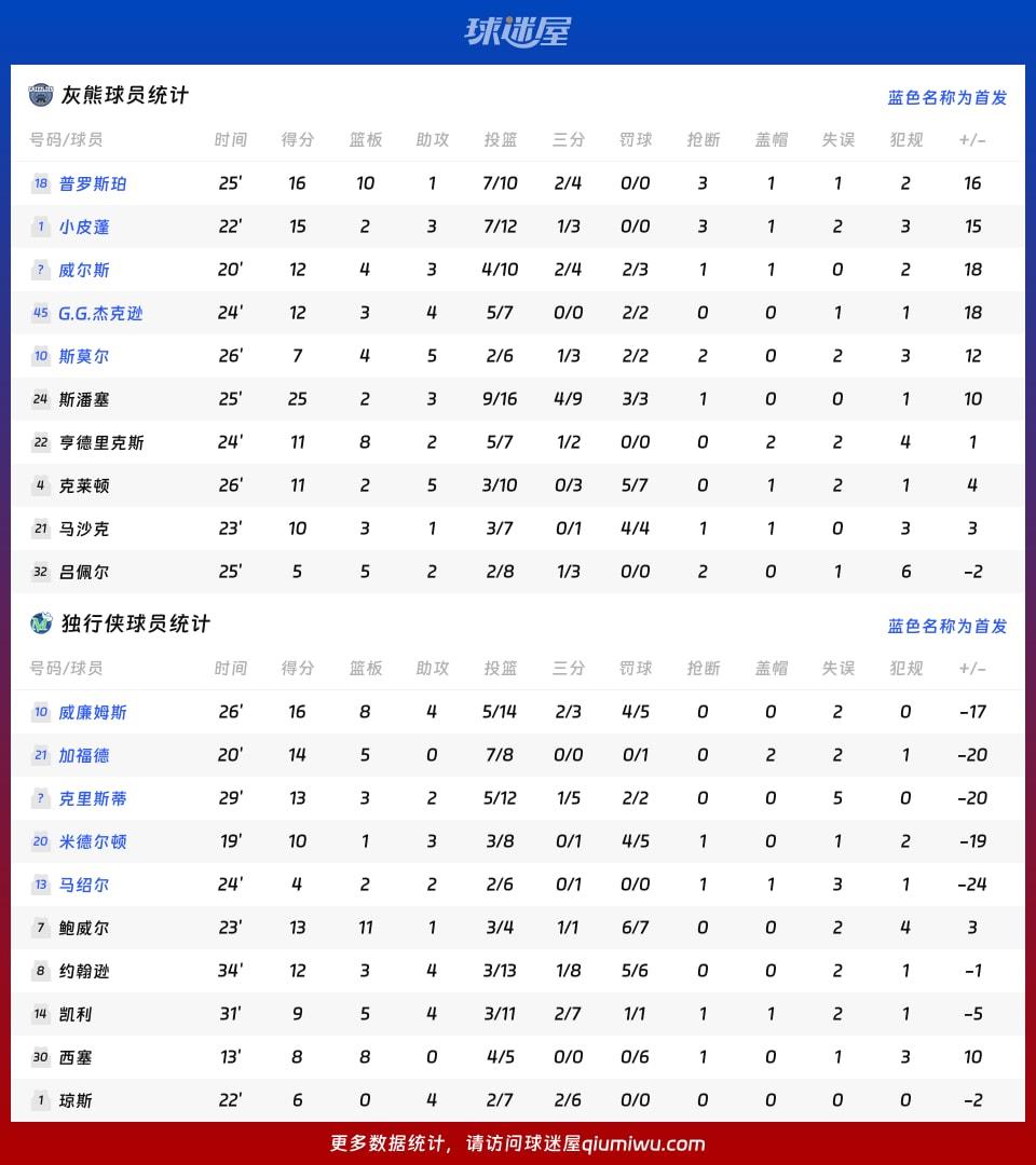 灰熊vs独行侠球员数据