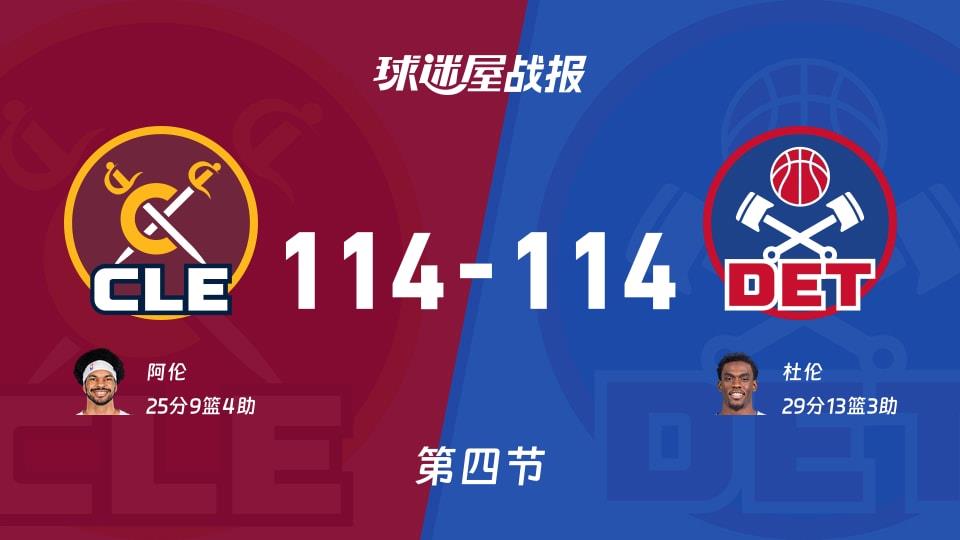 NBA常规赛:四节战罢,骑士114-114活塞战平,阿伦25 9 4,杜伦29 13 3