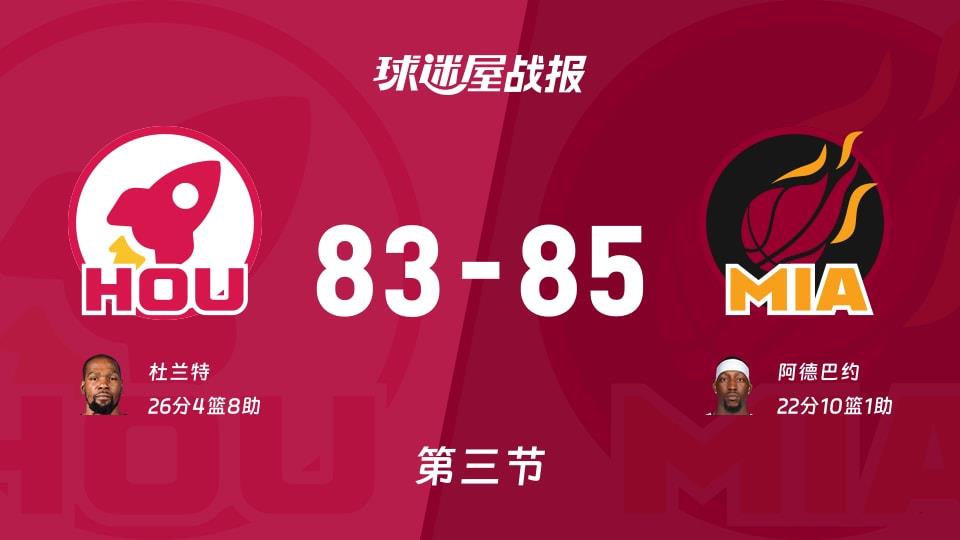 NBA常规赛:热火三节领先火箭2分,阿德巴约得到22分,杜兰特得到26分
