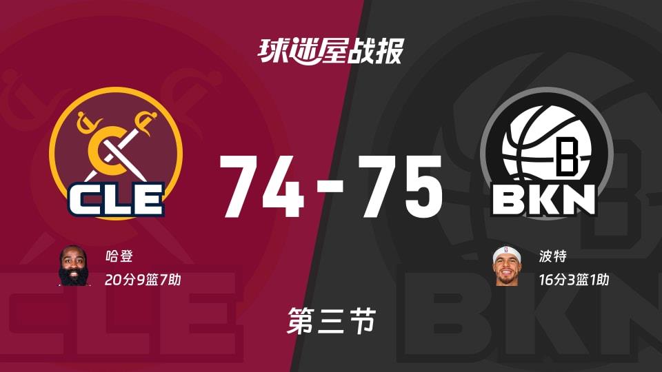 NBA常规赛:第三节完,篮网以75-74领先骑士,波特16 3 1