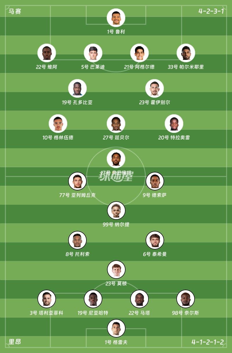 马赛vs里昂首发阵容