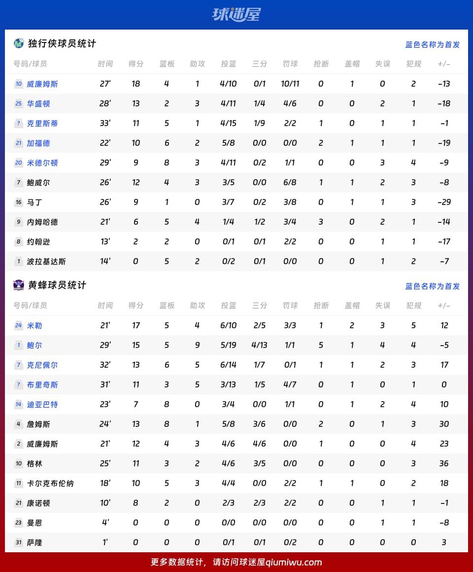 独行侠vs黄蜂球员数据