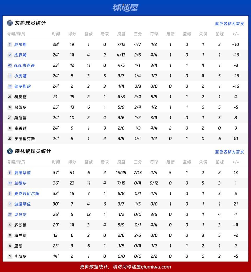 灰熊vs森林狼球员数据