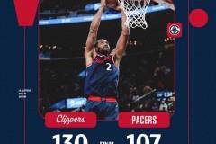 NBA常规赛快船主场130-107大胜步行者，豪取3连胜，伦纳德29 8 马瑟林23分