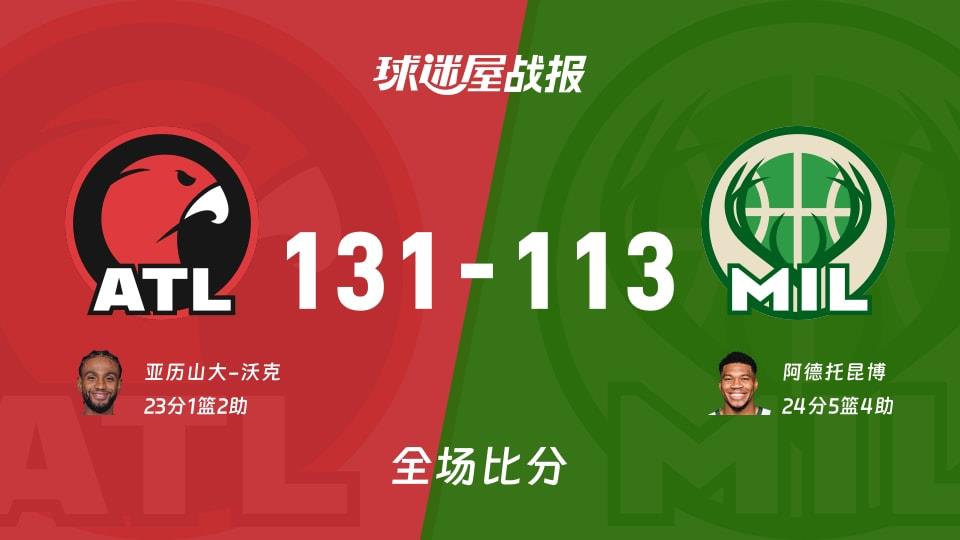 NBA老鹰vs雄鹿战报:131-113,亚历山大-沃克23 1 2