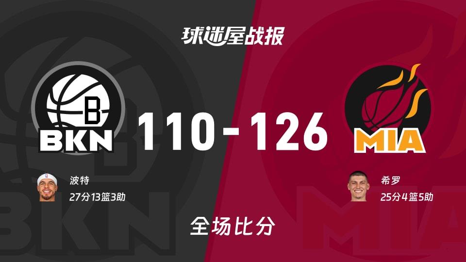 NBA常规赛:热火以126-110战胜篮网,希罗25 4 5