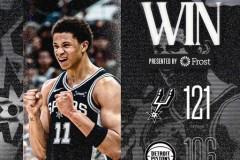 NBA常规赛，马刺主场121-106战胜活塞完成双杀，文班砍下38分16篮板福克斯贡献29分