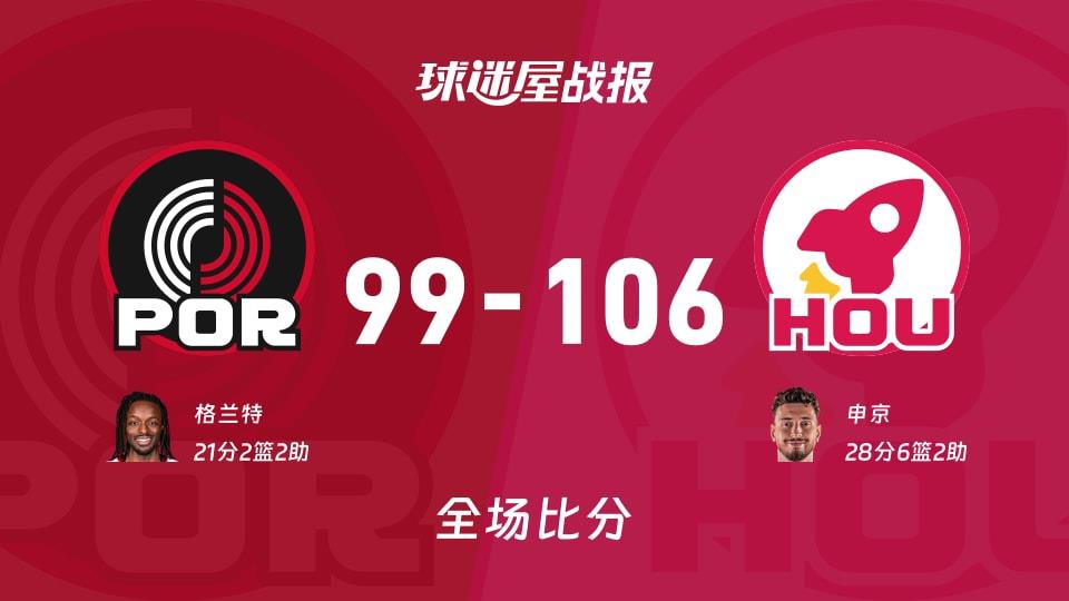 NBA常规赛:火箭以106-99战胜开拓者,申京28 6 2