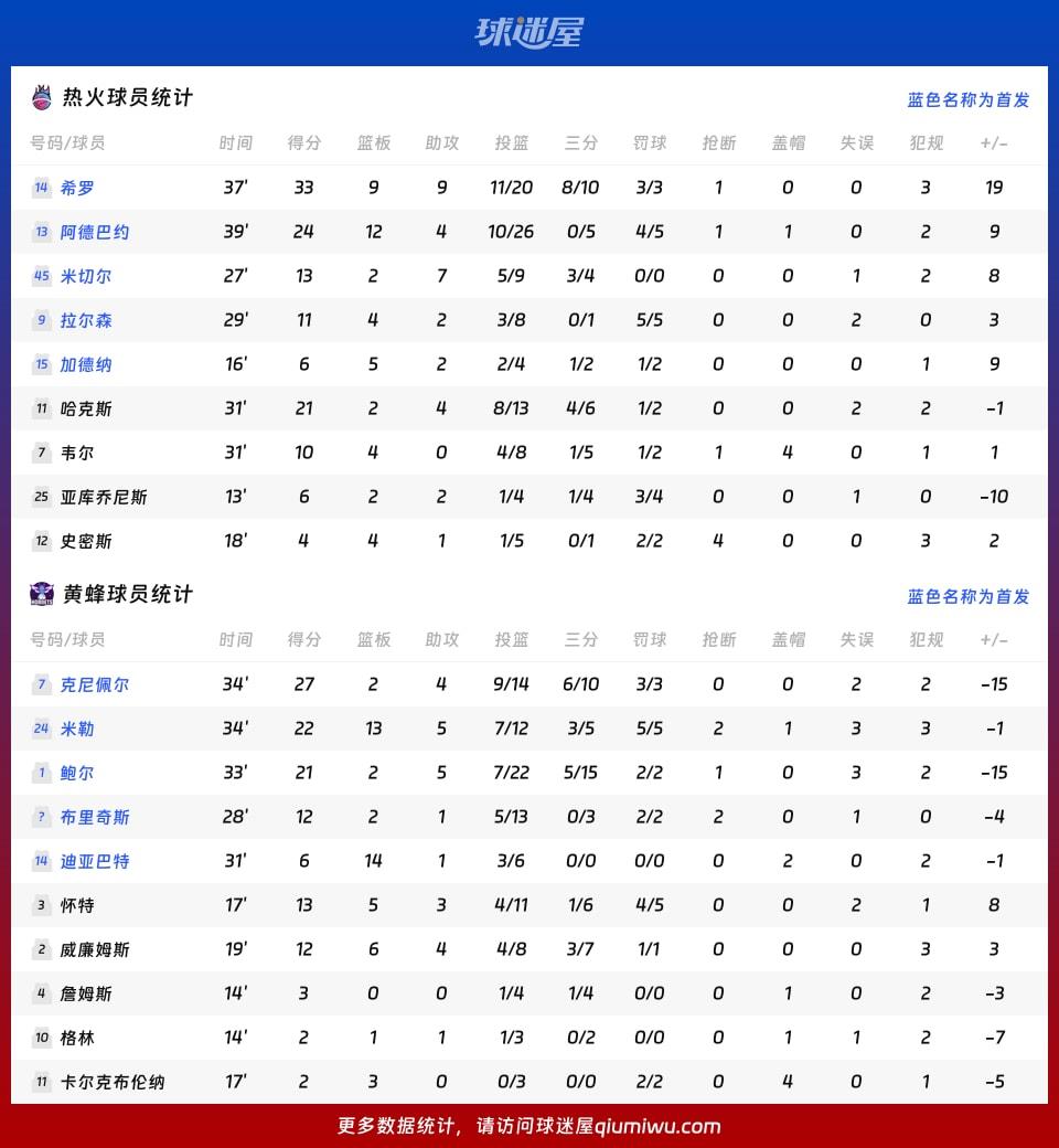 热火vs黄蜂球员数据