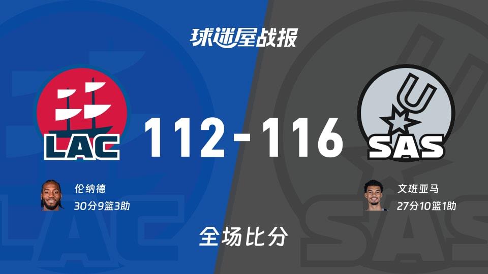 NBA常规赛:文班亚马27 10 1,马刺以116-112战胜快船