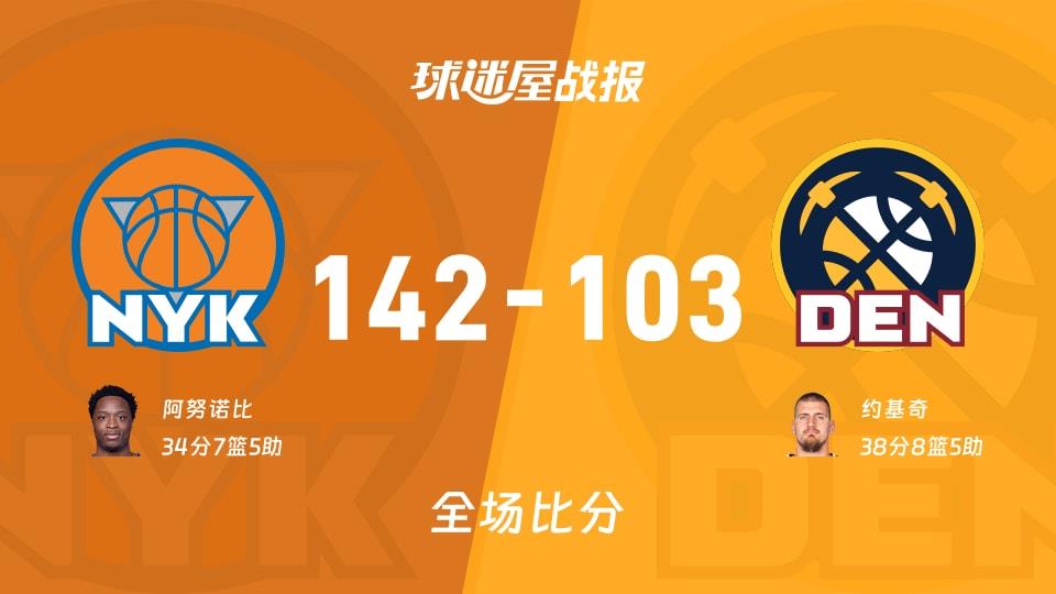 NBA常规赛:尼克斯以142-103战胜掘金,阿努诺比34 7 5