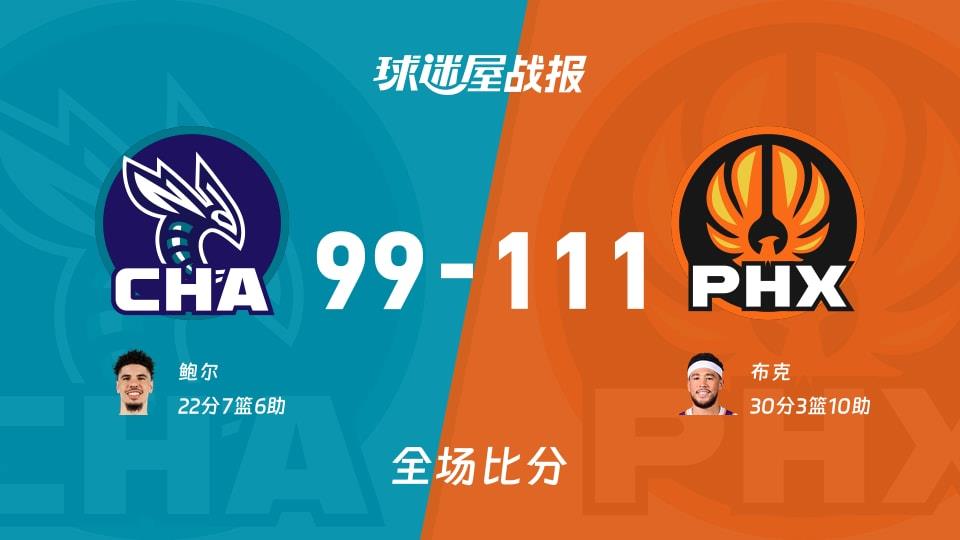 NBA黄蜂vs太阳战报:99-111,布克30 3 10