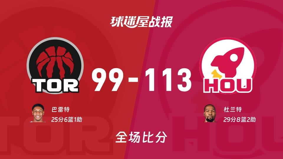 NBA常规赛:杜兰特29 8 2,火箭以113-99战胜猛龙
