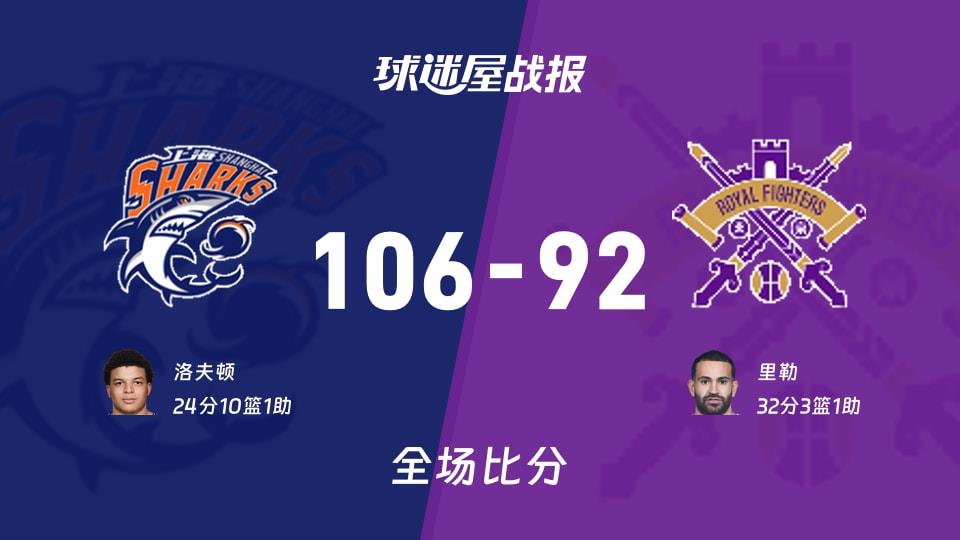 CBA上海vs北控战报：106-92，洛夫顿24 10 1