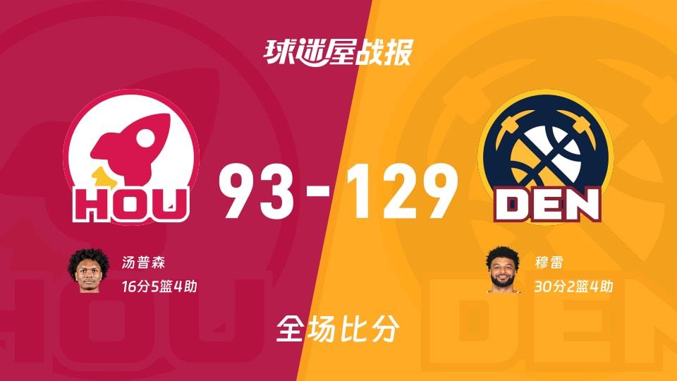 NBA常规赛:掘金以129-93战胜火箭,穆雷30 2 4