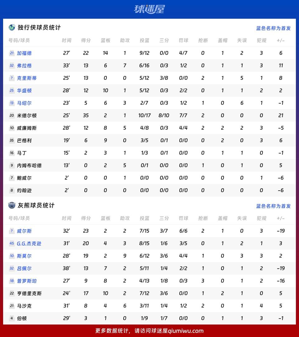 独行侠vs灰熊球员数据