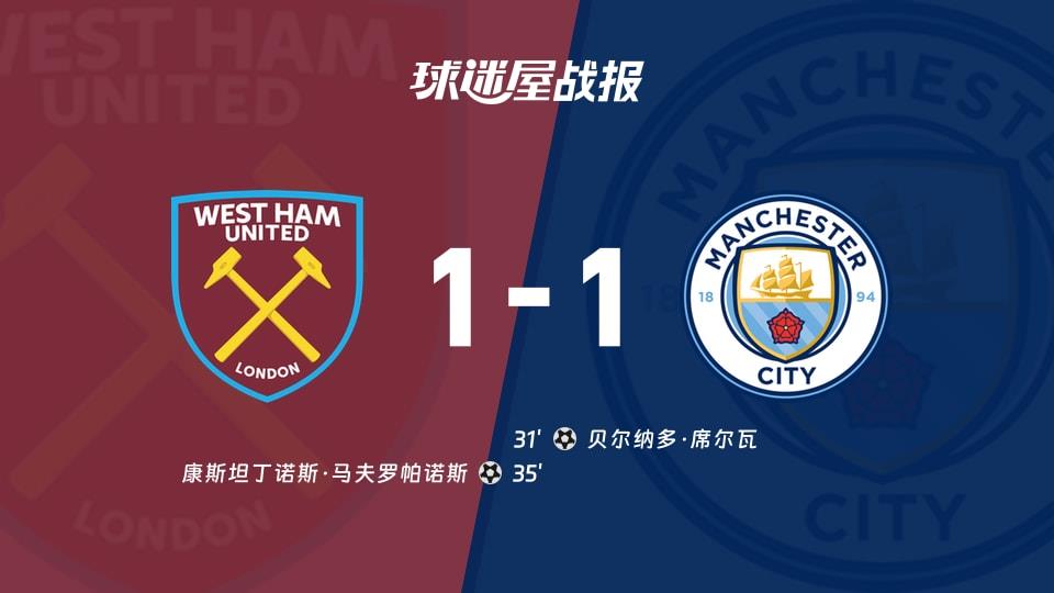 【英超联赛第30轮】西汉姆联vs曼城比赛结果:西汉姆联(1-1)曼城比分战报(2026年03月15日)