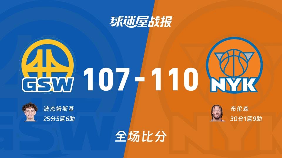 NBA常规赛:布伦森30 1 9,尼克斯以110-107战胜勇士