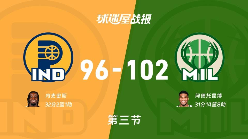 步行者vs雄鹿:第三节完,步行者96-102雄鹿,内史密斯得到32分